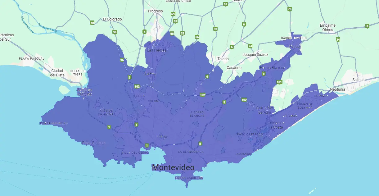 Mapa de cobertura de servicio de auxilio mecánico en Montevideo y Canelones